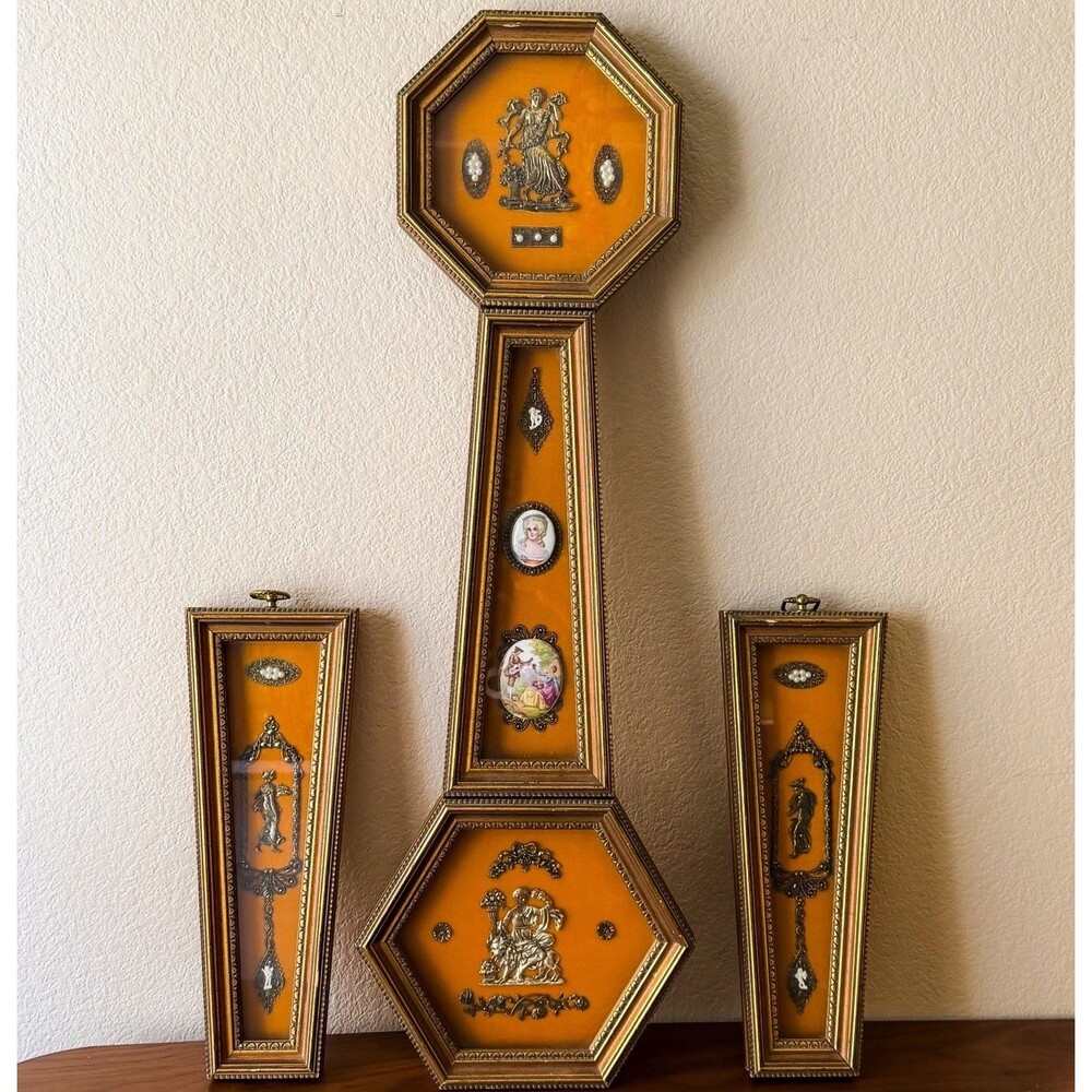 Vintage Hollywood Regency Fragonard Limoges Cameo Wall Art Set 3 Gold Tone